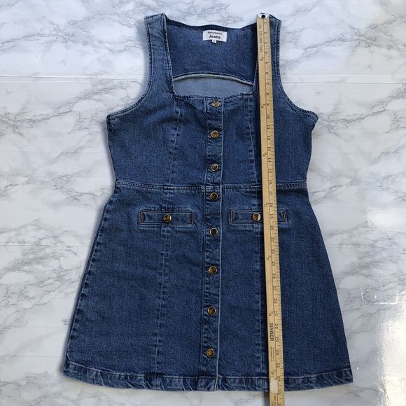 Reformation Dionne Stretch Denim Jean Mini Dress Button Front Square Neck Sz 12 - Picture 4 of 9